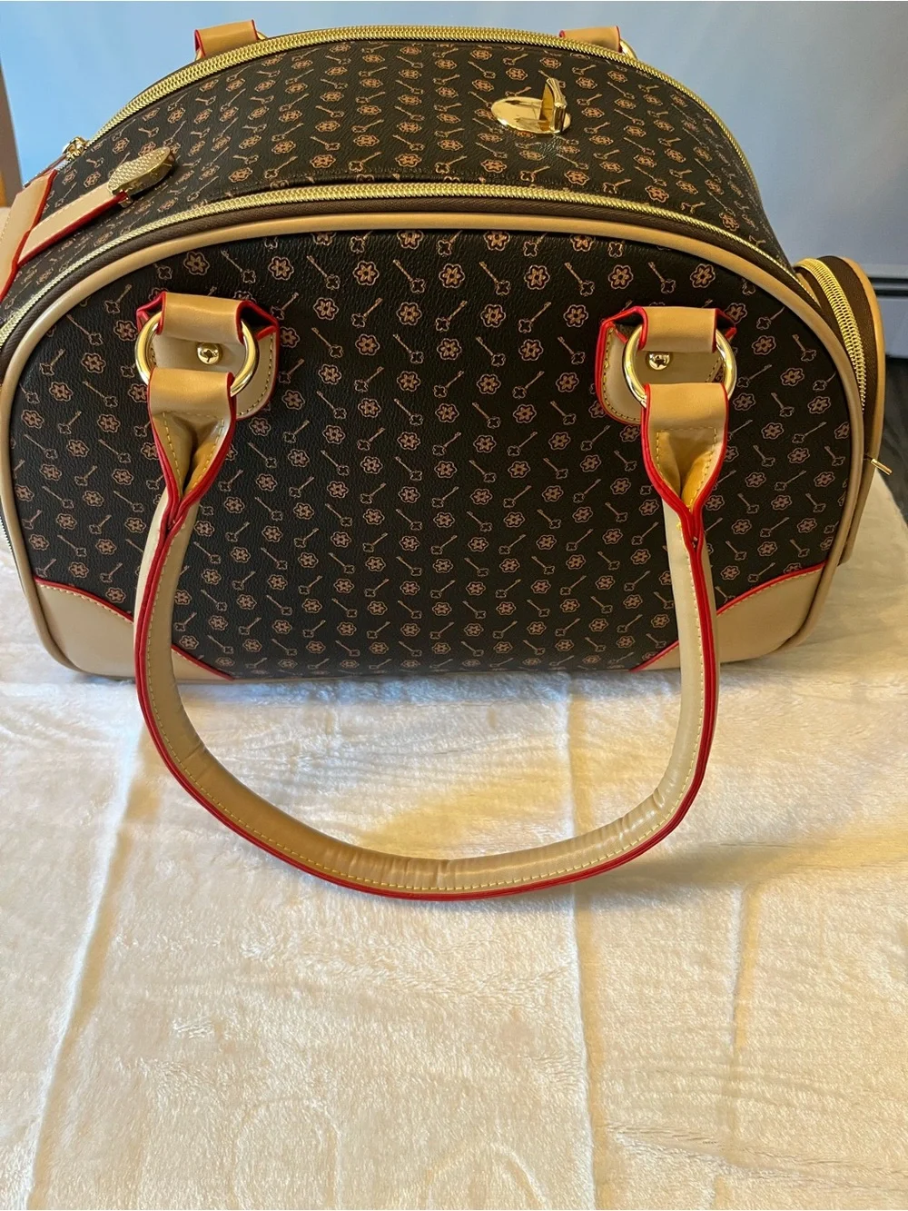 Brand new, never used Brown & Beige Patterned Pet Carrier Tote with Red Trim